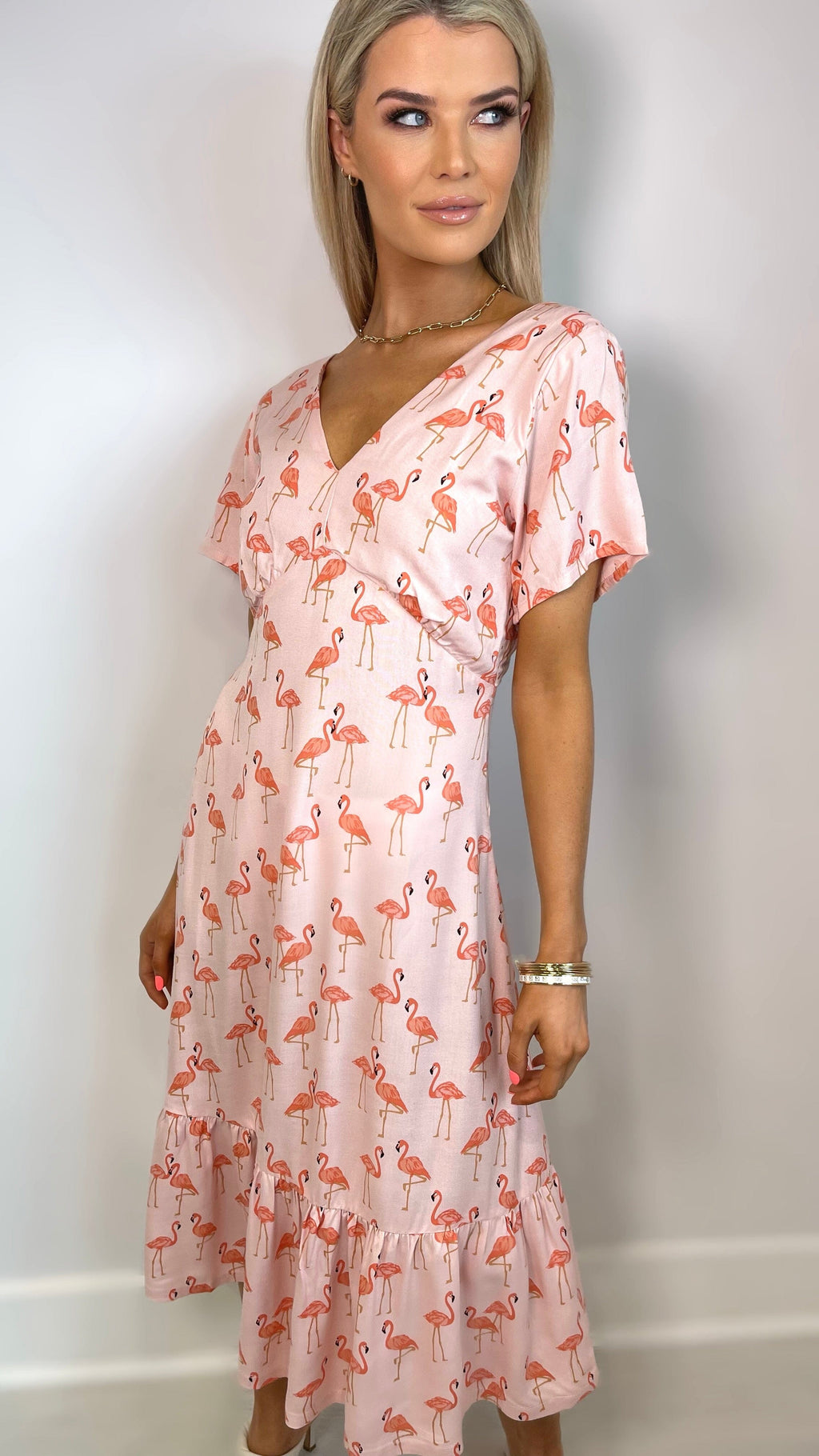 MIKA PINK FLAMINGO PRINT MIDI DRESS ...